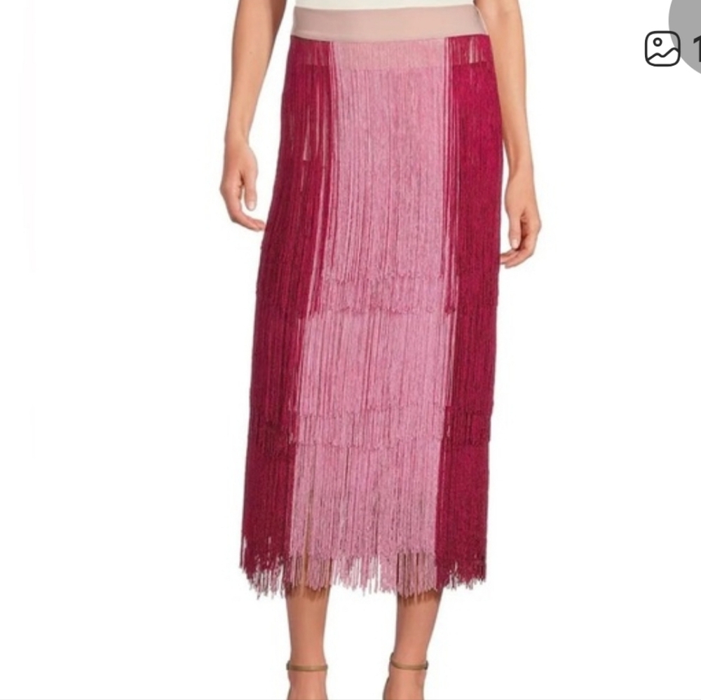Buru Color Block Elastic-Back Waist Fringe Midi A-Line Skirt Size XS